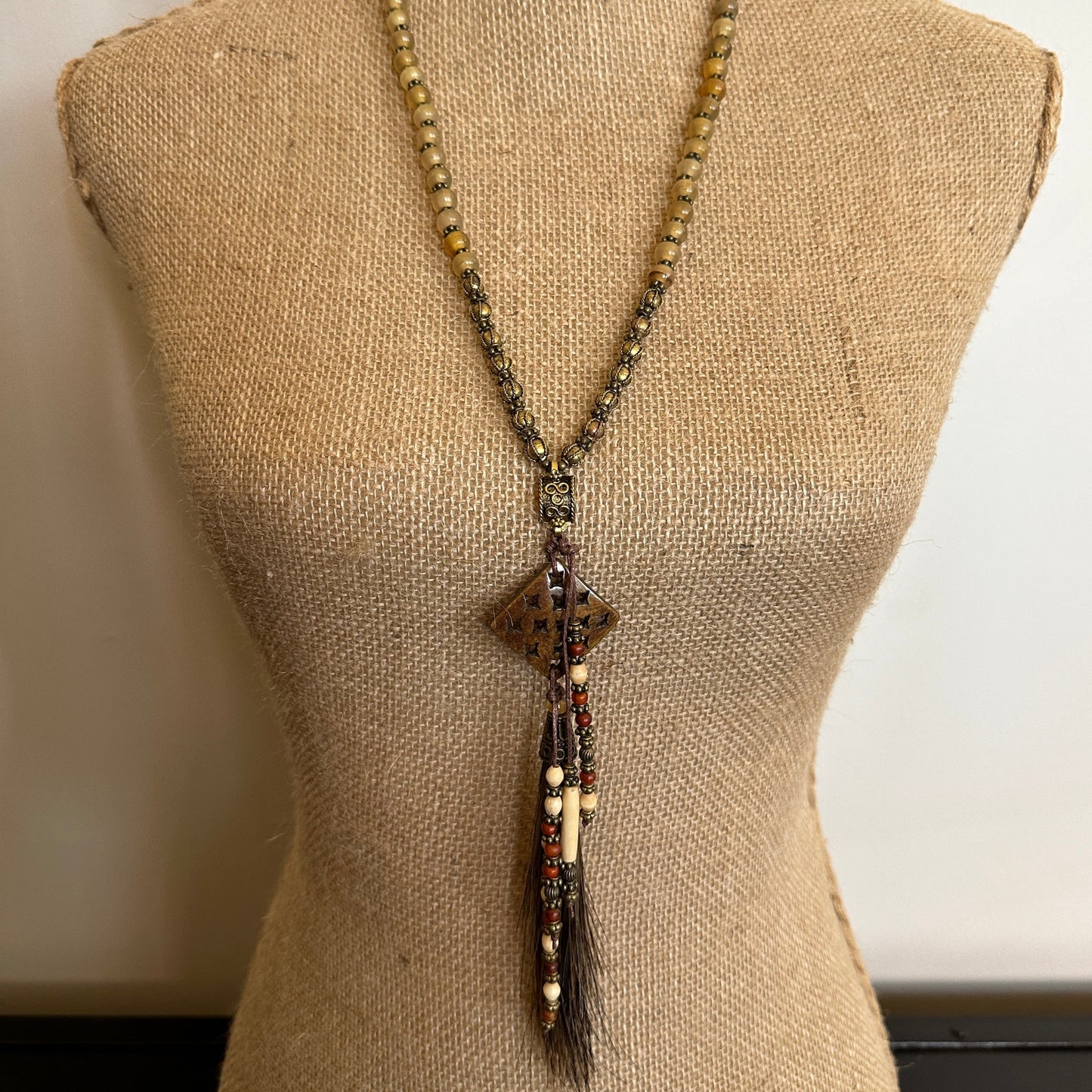 Horn and Indian Bead with Horsehair Tassel Necklace - Amy Kaplan for Bourbon Cowgirl