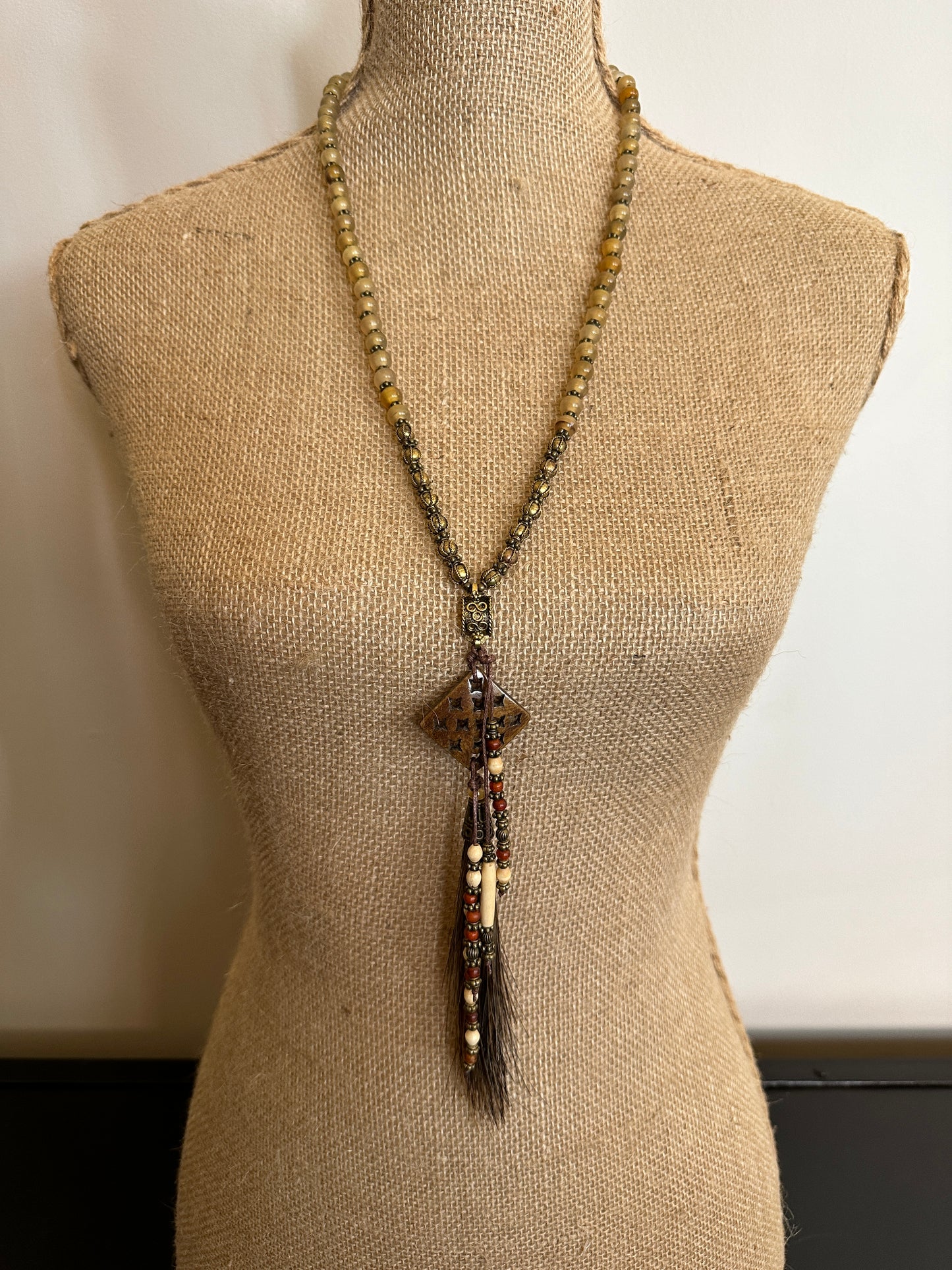 Horn and Indian Bead with Horsehair Tassel Necklace - Amy Kaplan for Bourbon Cowgirl