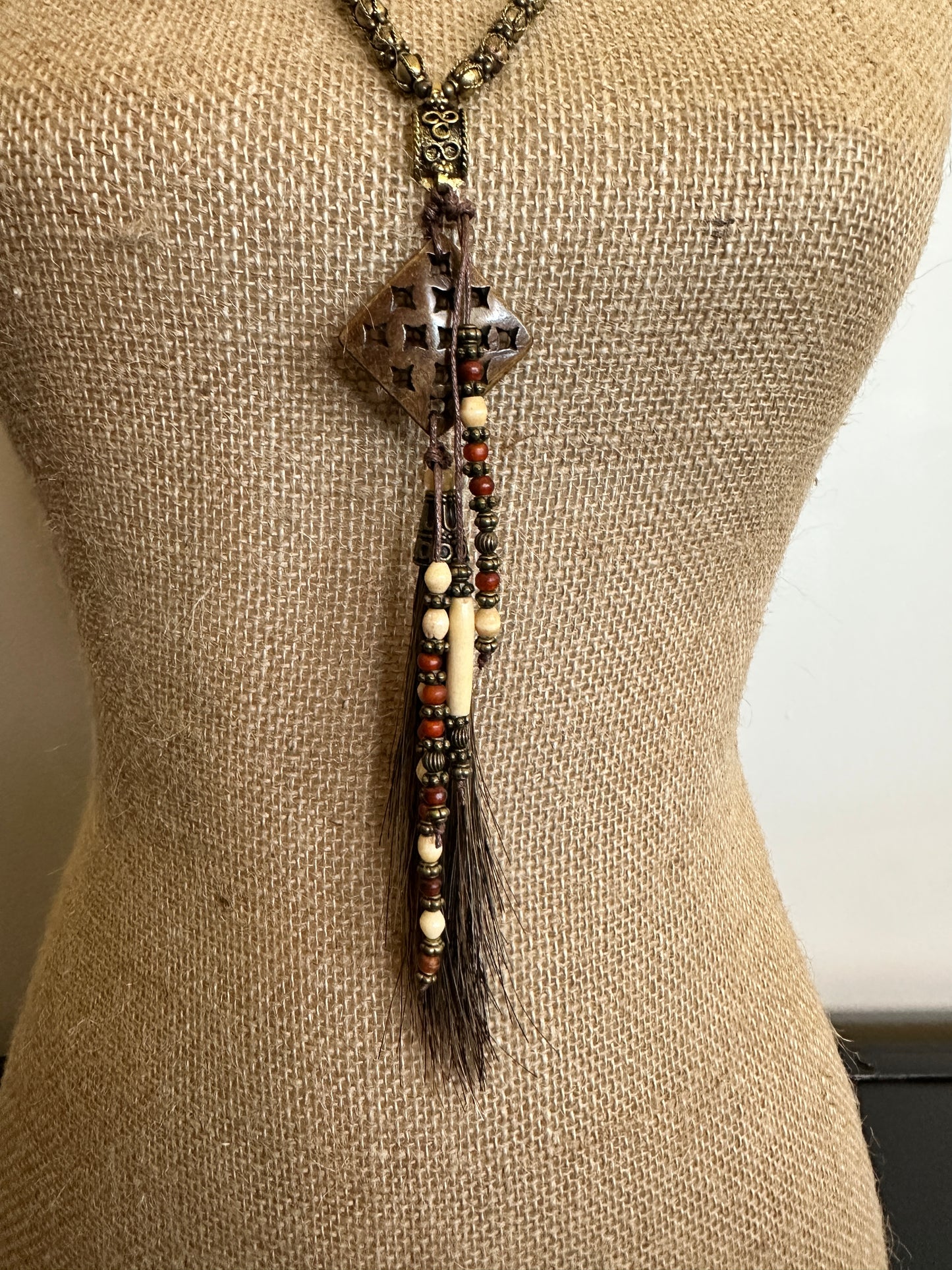 Horn and Indian Bead with Horsehair Tassel Necklace - Amy Kaplan for Bourbon Cowgirl