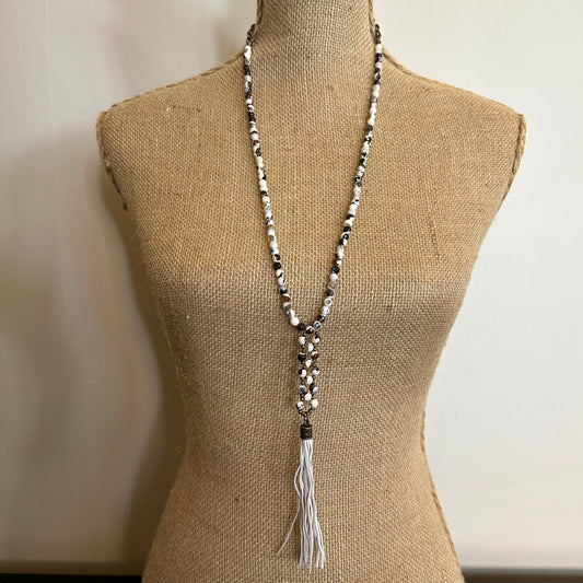 Howlite Weave Necklace with Leather Tassel- Amy Kaplan for Bourbon Cowgirl