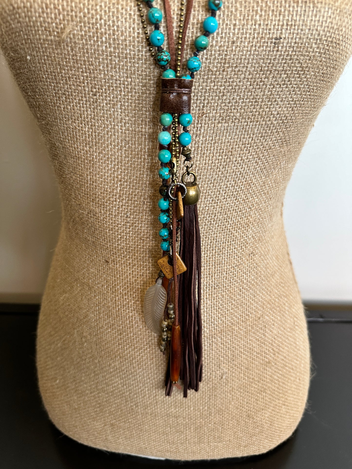 Turquoise Clutch Necklace Horn and Deerskin Tassel - Amy Kaplan for Bourbon Cowgirl