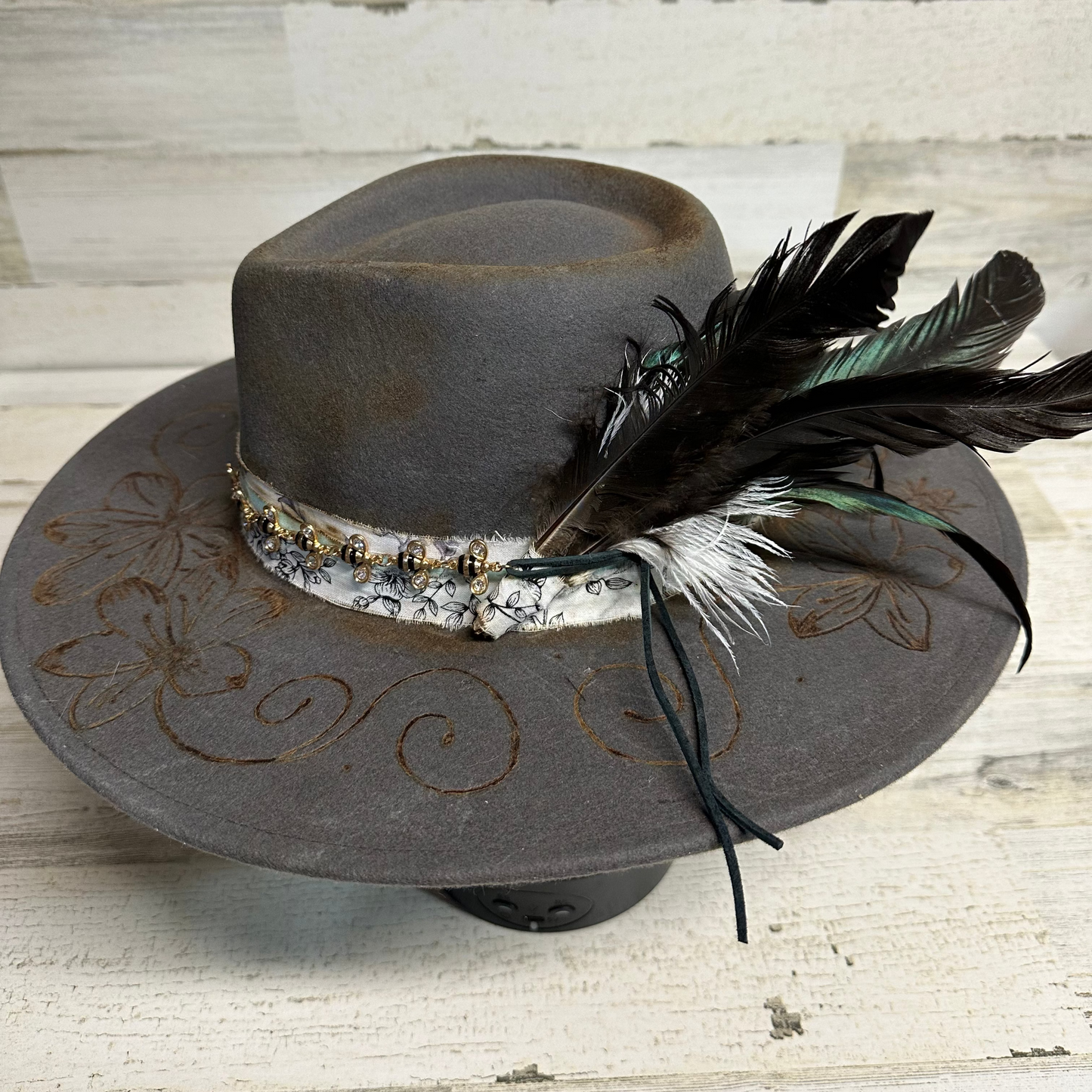 Beautifully Broken Gray Custom Cowgirl Hat by Calamity Anne