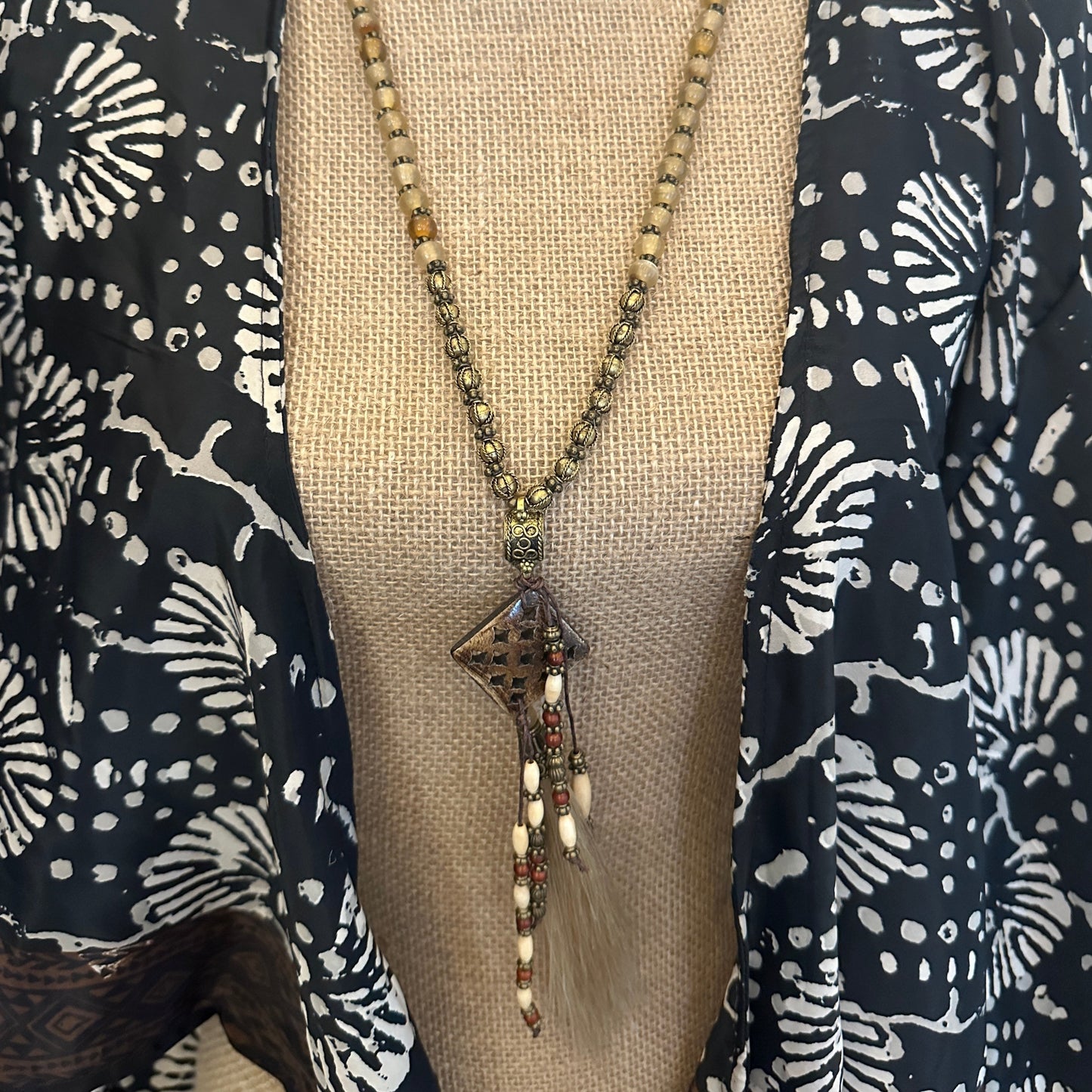 Horn and Indian Bead with Horsehair Tassel Necklace - Amy Kaplan for Bourbon Cowgirl