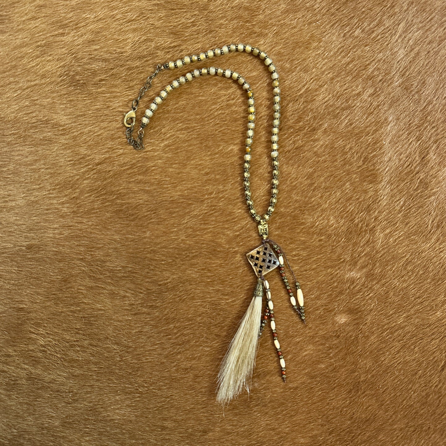 Horn and Indian Bead with Horsehair Tassel Necklace - Amy Kaplan for Bourbon Cowgirl