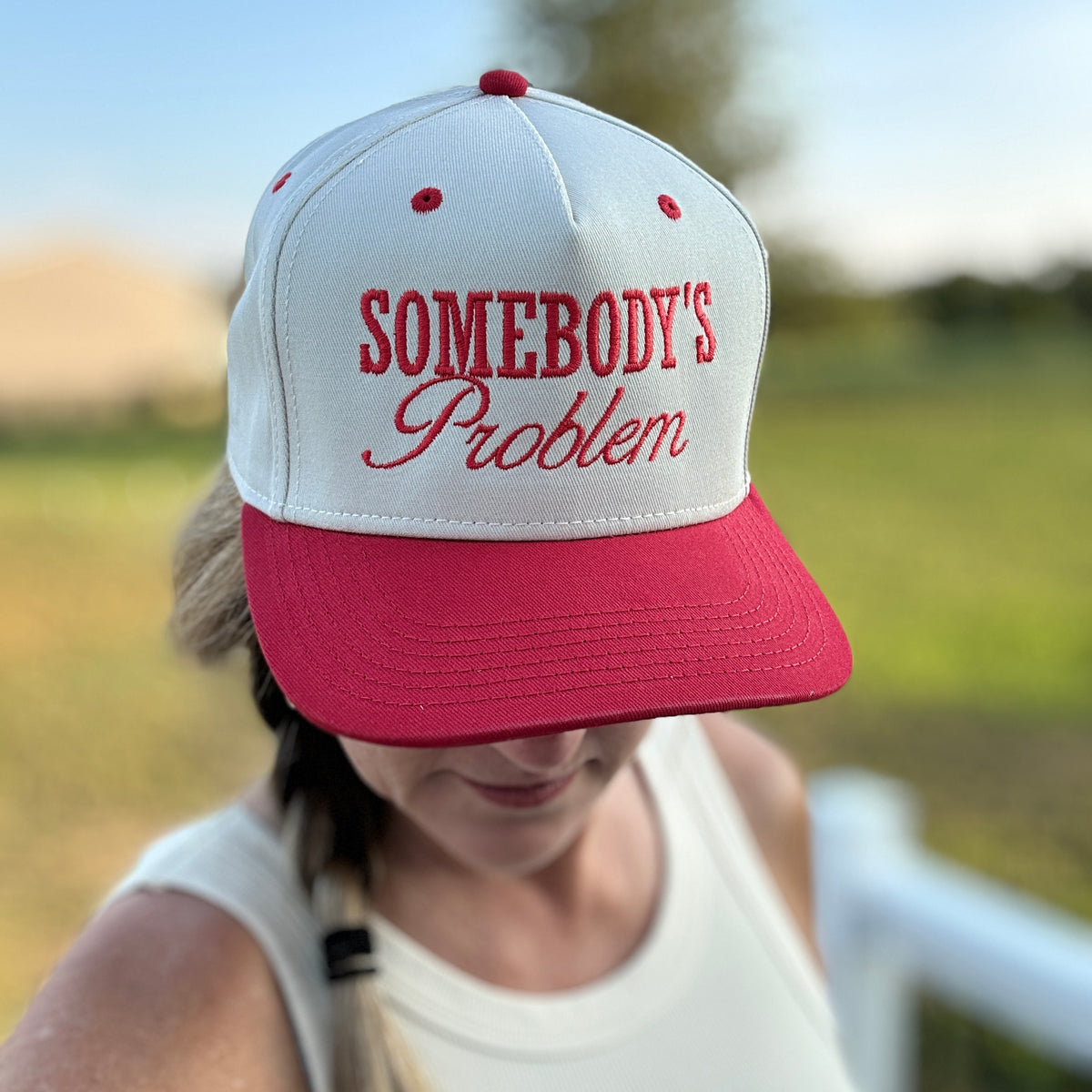 SOMEBODY’S PROBLEM embroidered Pink and White Trucker Hat Somebody main image 3