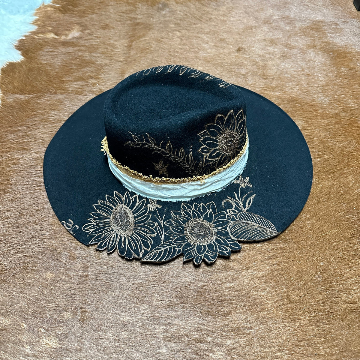 Suede Boho Black Fringe Studded Festival Bucket Hat Gold Stud one size Rancher Hat Custom Burned with Sunflowers - Black main image 3