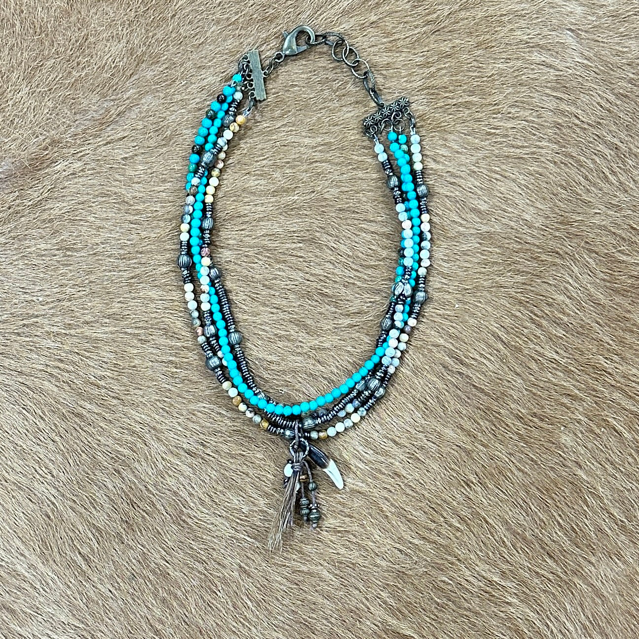 Four Strand Beaded Necklace with Turquoise, Horsehair & Bone by Amy Kaplan