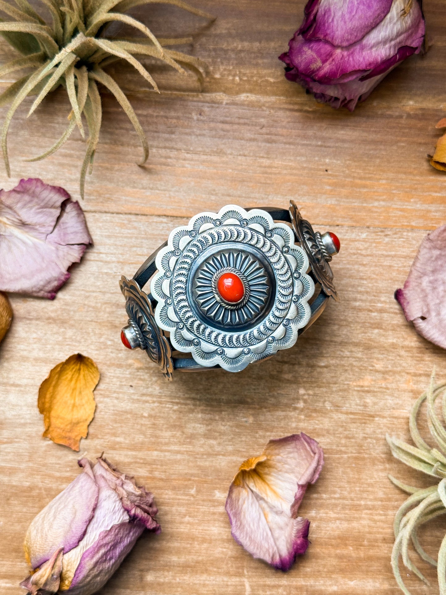 Sterling Silver Coral Jewelry Set – Native Made by Emerson Brown – Cuff, Adjustable Ring & Dangle Earrings