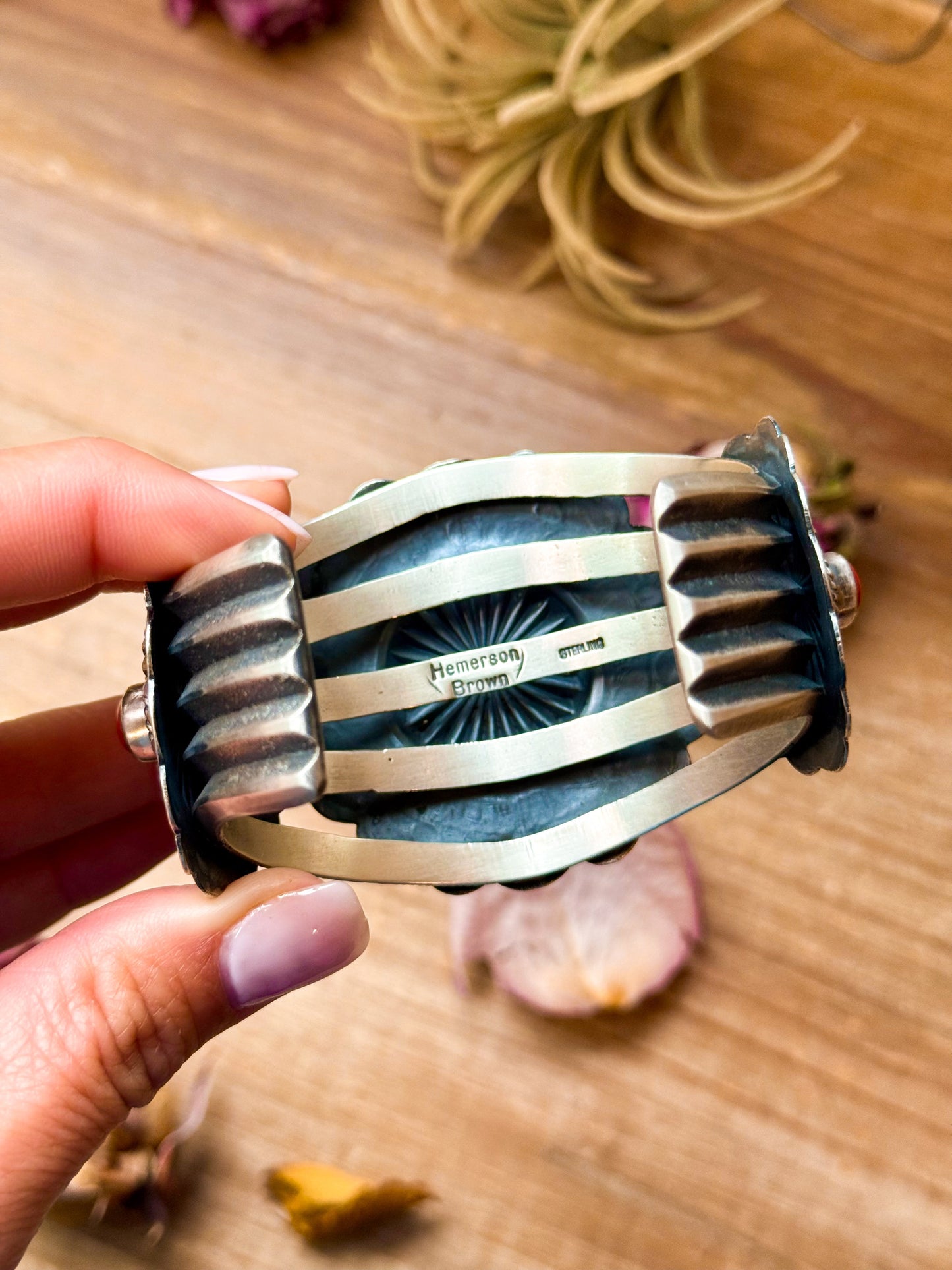 Sterling Silver Coral Jewelry Set – Native Made by Emerson Brown – Cuff, Adjustable Ring & Dangle Earrings