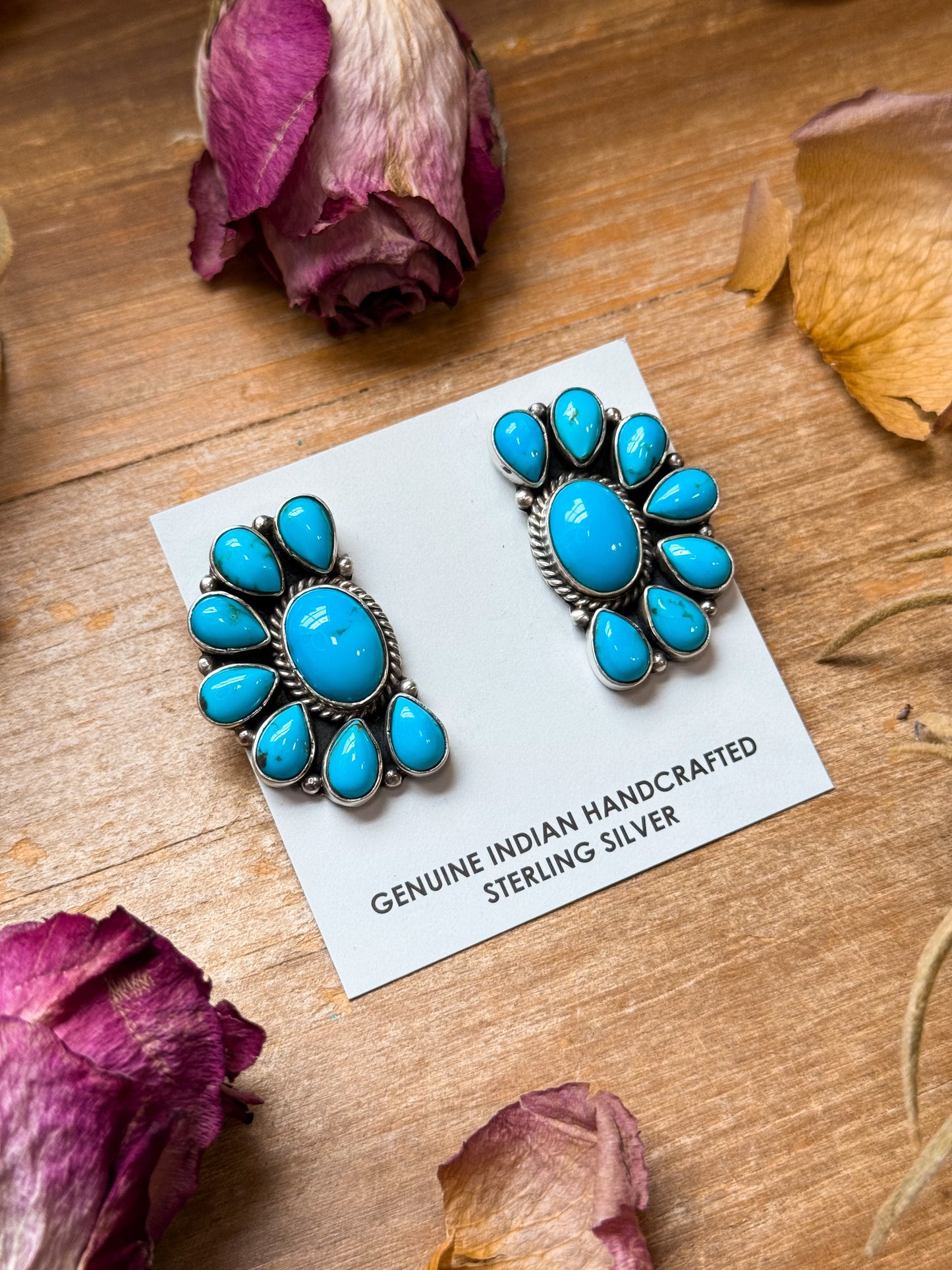 Sterling Silver Kingman Turquoise Half Cluster Earrings – Native Made by E. Richards (Navajo Artist)