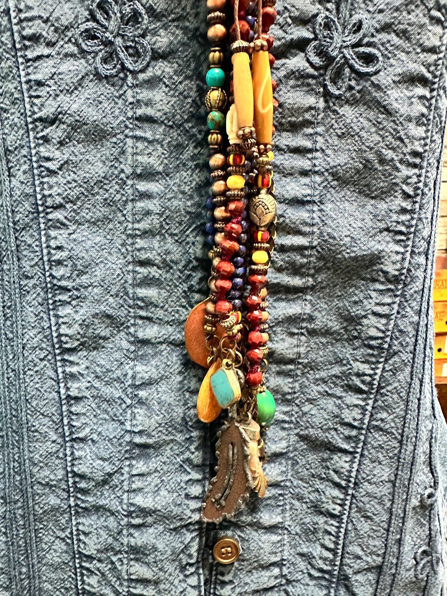 Lapis, Bone & Burgundy Bead Clutch Necklace - Amy Kaplan for Bourbon Cowgirl