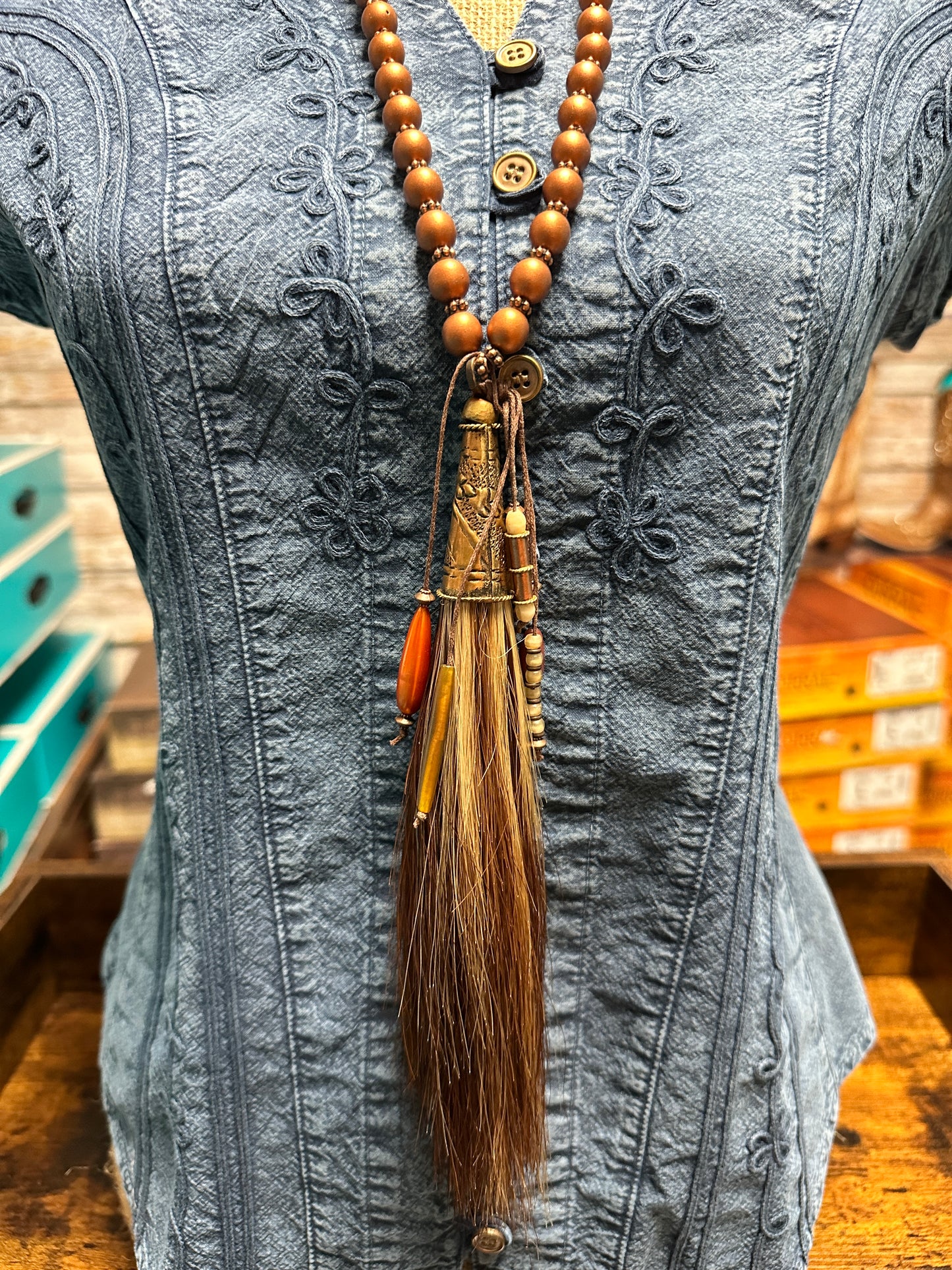 Copper Bead with Horsehair Tassel Necklace - Amy Kaplan