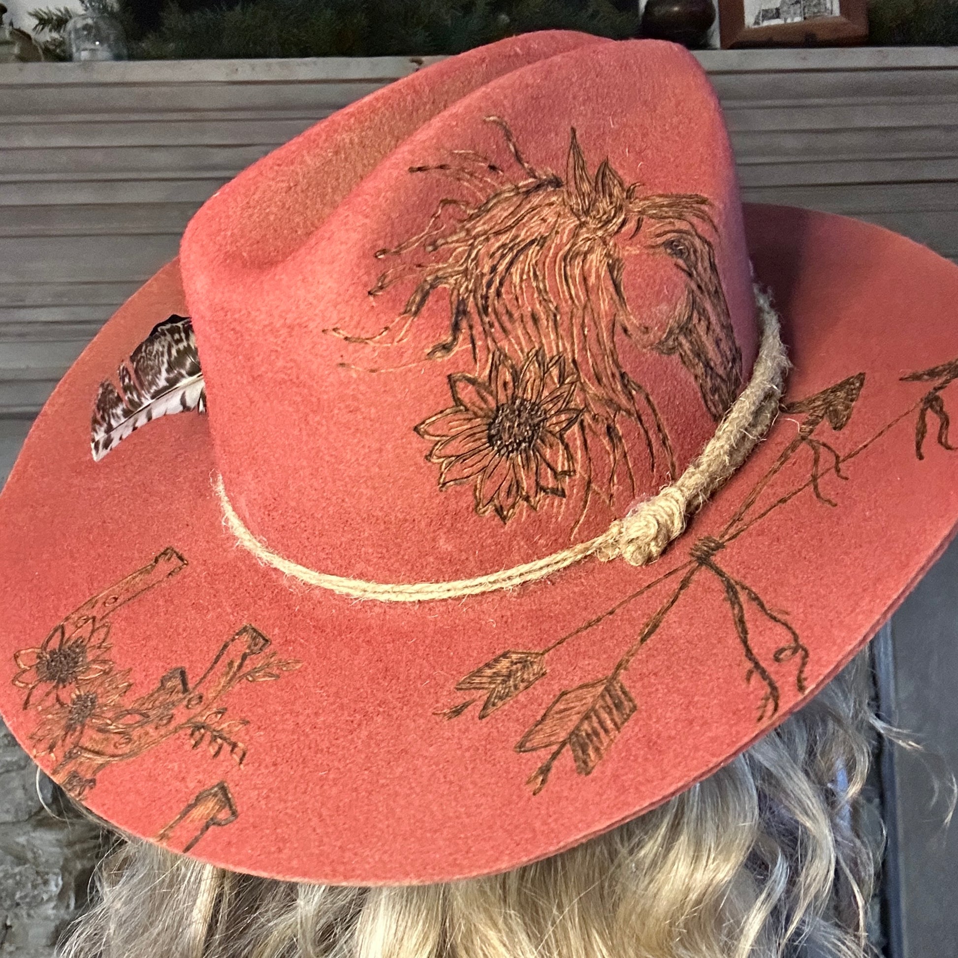 Cowboy Hat Custom Burned by Hand- Red - Bourbon Cowgirl