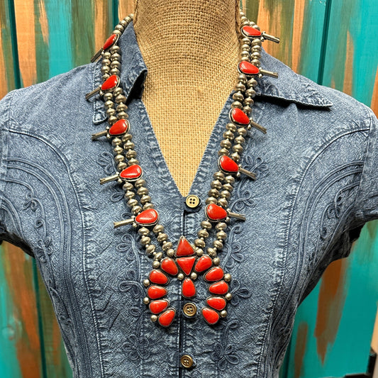 Red Coral Squash Blossom Necklace for Western Style