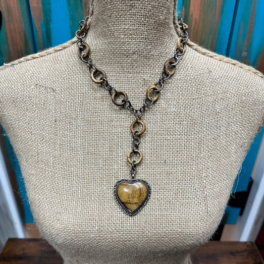 Bone Heart Pendant Olive Wood Rings Necklace- Amy Kaplan for Bourbon Cowgirl