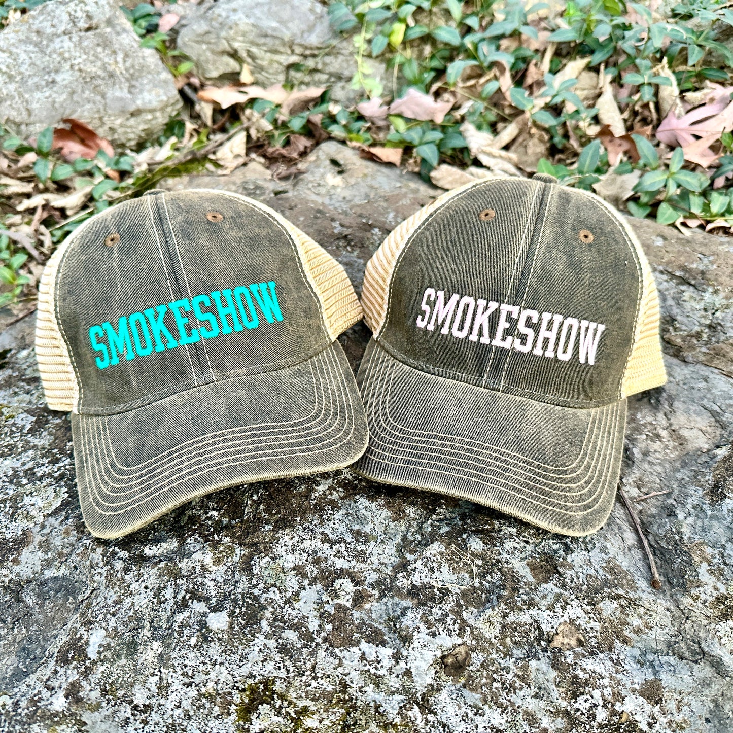 Smokeshow Trucker Hat Distressed Black Embroidered Pink or Aqua