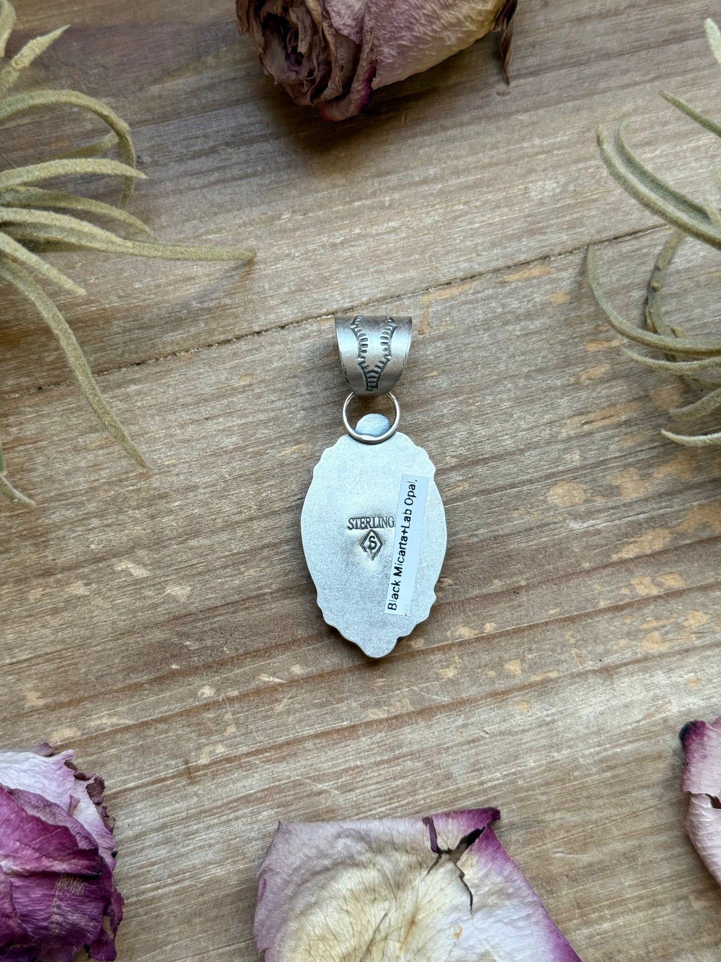 Sterling Silver Black Micarta & Lab Opal Inlay Pendant – Handmade by Artist Shay Pfeiffer