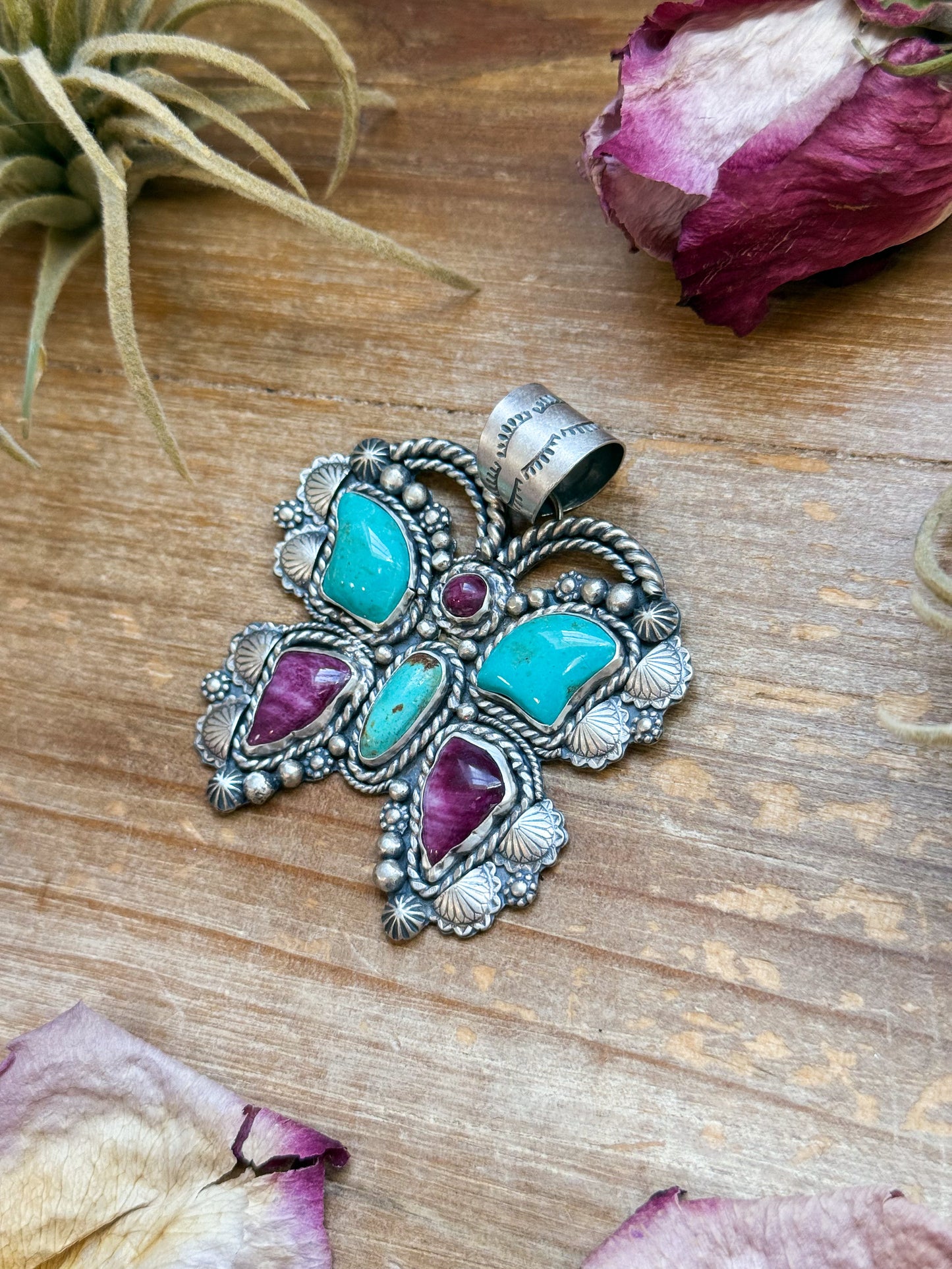 Sterling Silver Butterfly Pendant with Kingman Turquoise & Purple Spiny Oyster – Handmade by Artist Shay Pfeiffer