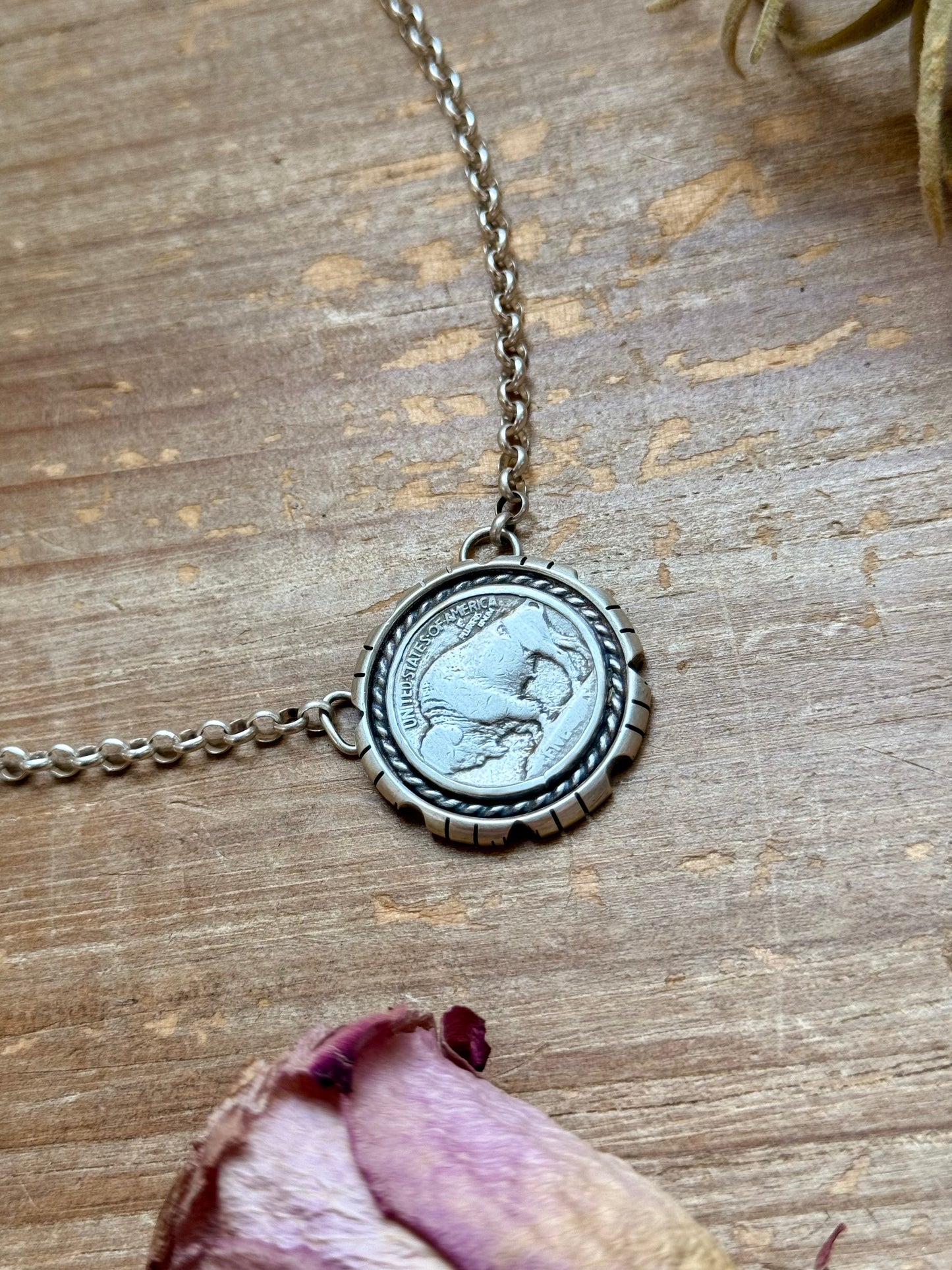 Sterling Silver Buffalo Nickel Necklace – Filed Frame Border – 18” Fixed Chain – Artist Jason Ogg