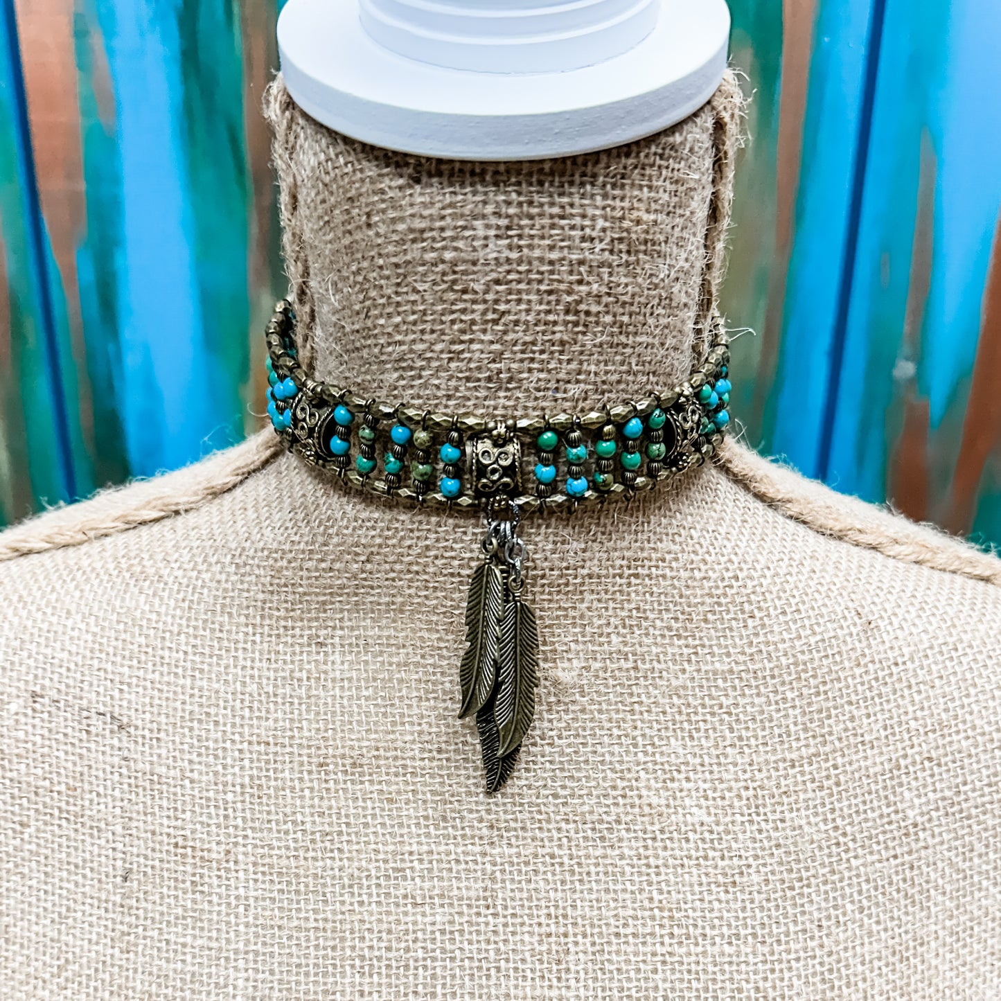 Memory Choker With Feathers Turquoise Necklace - Amy Kaplan for Bourbon Cowgirl