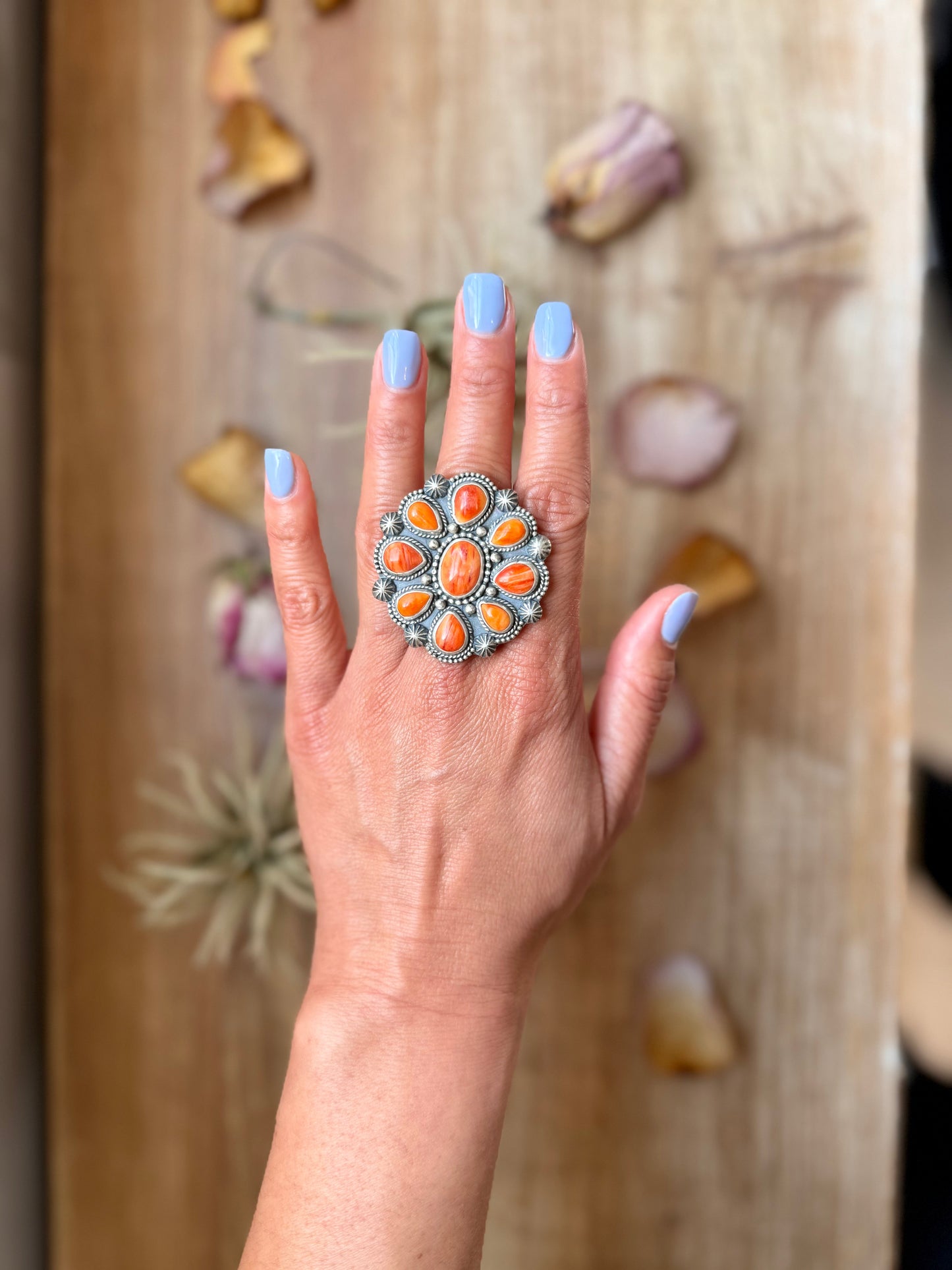 Sterling Silver Orange Spiny Oyster Cluster Ring – Size 9 – Artist Shay Pfeiffer