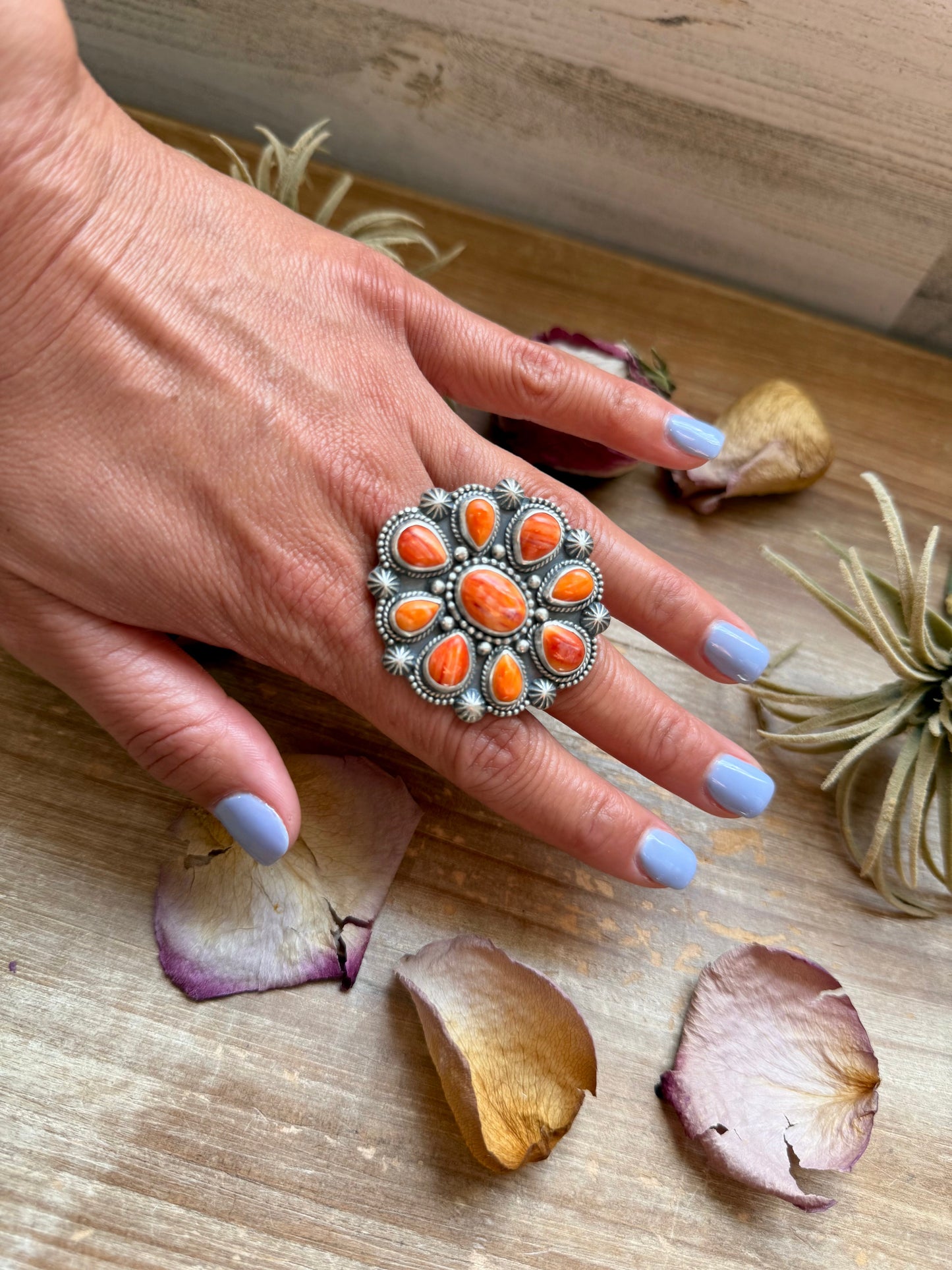 Sterling Silver Orange Spiny Oyster Cluster Ring – Size 9 – Artist Shay Pfeiffer