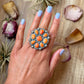 Sterling Silver Orange Spiny Oyster Mosaic Cluster Ring Size 7.5, Artist Shay Pfeiffer