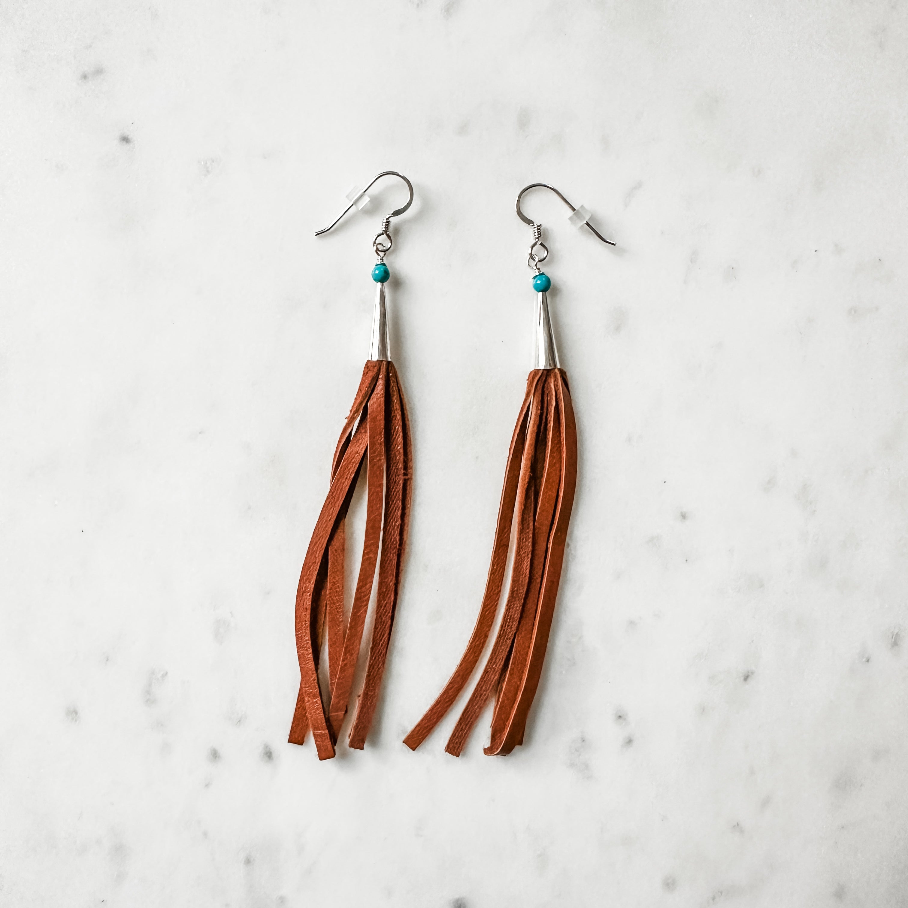 Leather Fringe Earrings with Turquoise Chunks - Handmade in the USA -  LocalWe.com, LLC