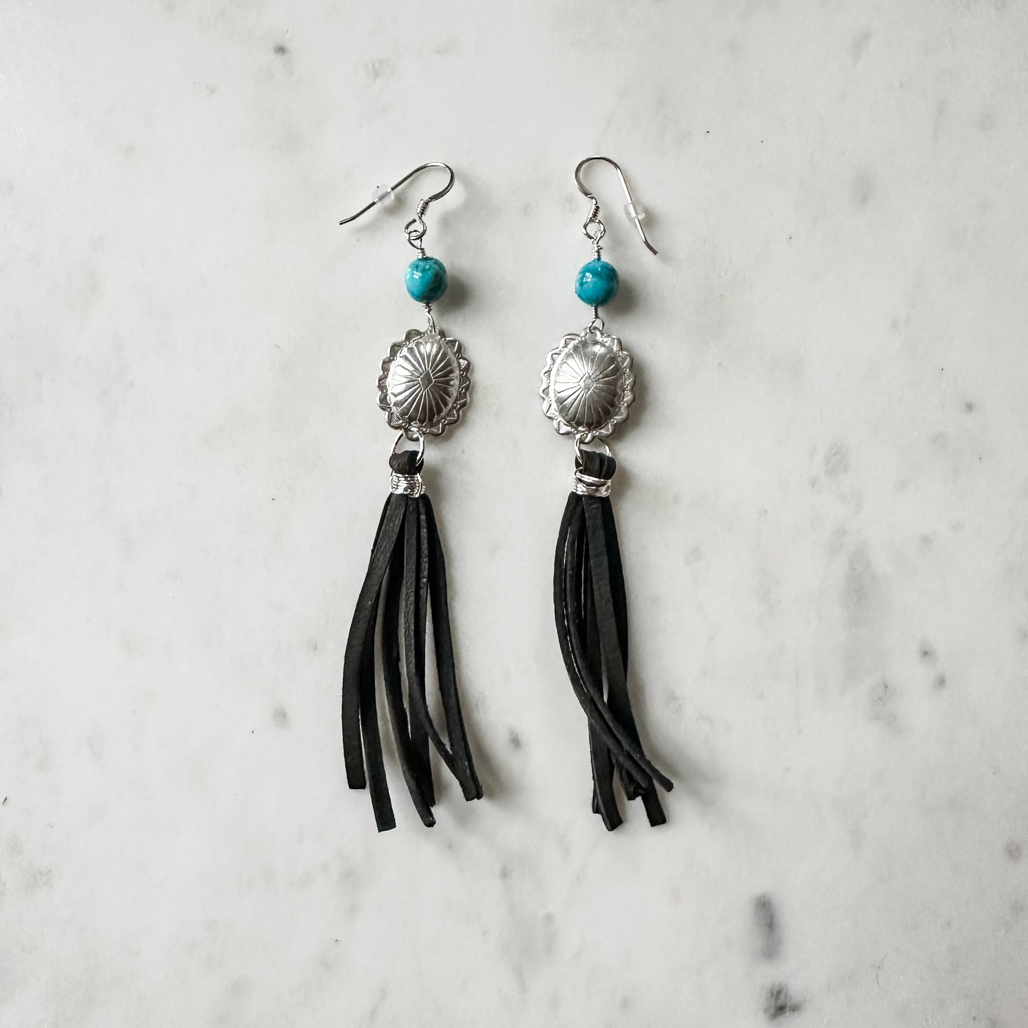 Concho and Turquoise Earrings with Leather Fringe - Quetzal