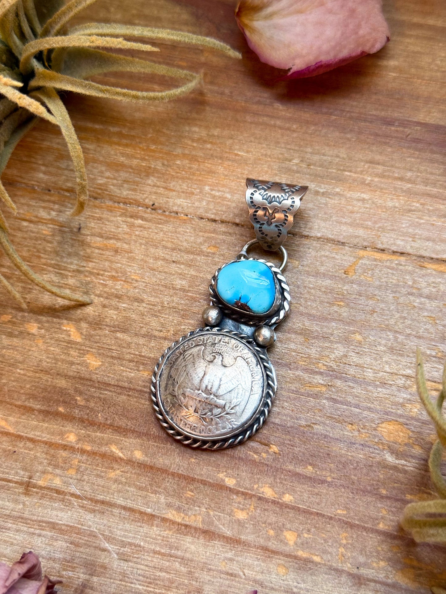 Sterling Silver Coin & Golden Hill Turquoise Pendant – Artist Gilbert Nez