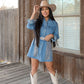 Stone Wash Denim Stretch Rhinestone Button Down Collared Dress