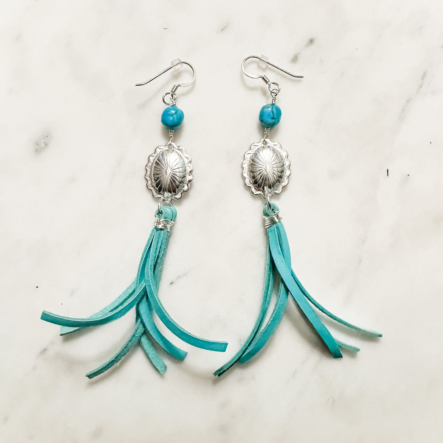 Concho and Turquoise Earrings with Leather Fringe - Quetzal
