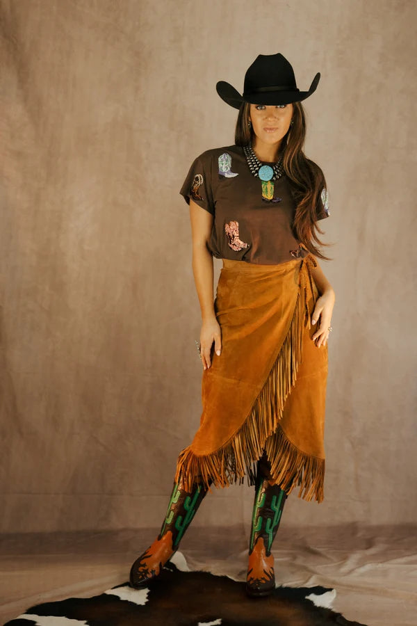 Fringe Wrap Italian Suede Skirt at Bourbon Cowgirl