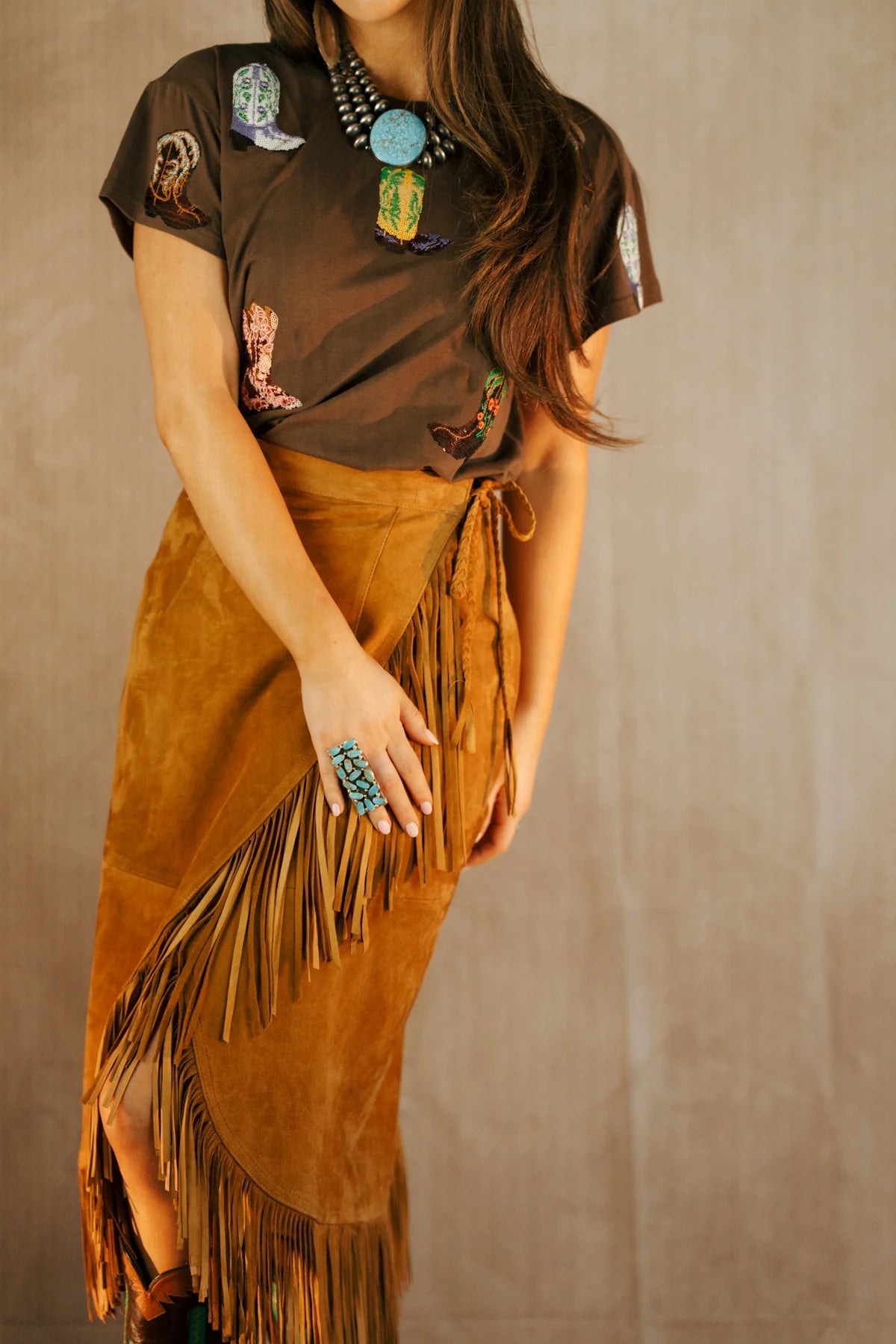 Fringe Wrap Italian Suede Skirt at Bourbon Cowgirl