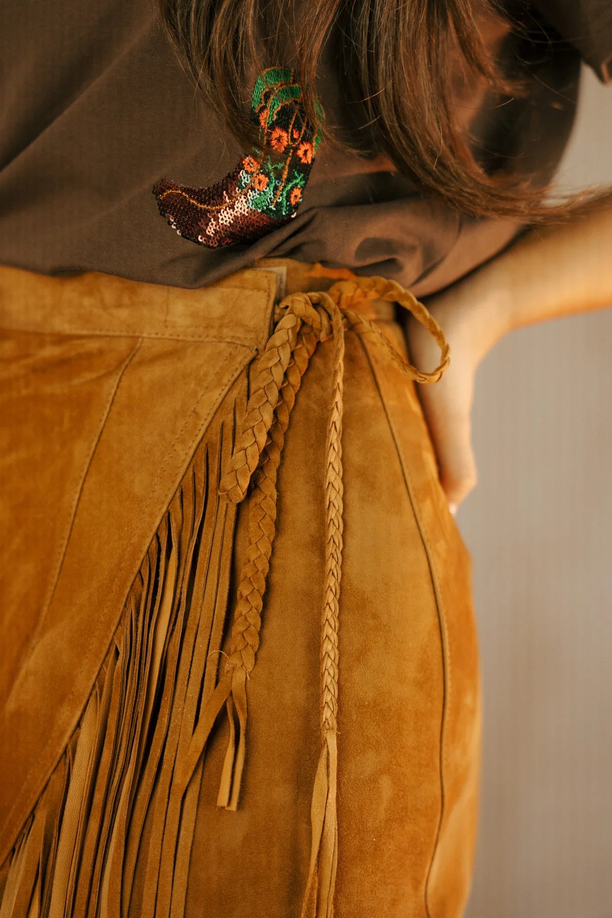 Fringe Wrap Italian Suede Skirt at Bourbon Cowgirl