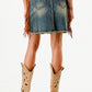 Embroidery with Tassel Fringe Stretch Denim Mini Skirt at Bourbon Cowgirl