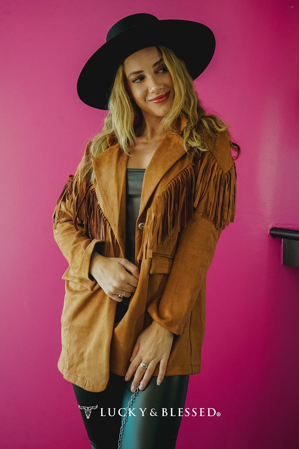 Camel Concho Button Down Fringe Lapel Blazer Plus Size Bourbon Cowgirl