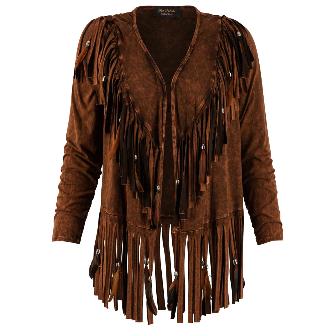 Short V Back Fringed and Feathered Jacket by Pat Dahnke -Brown