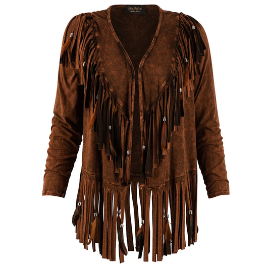 Short V Back Fringed and Feathered Jacket by Pat Dahnke -Brown
