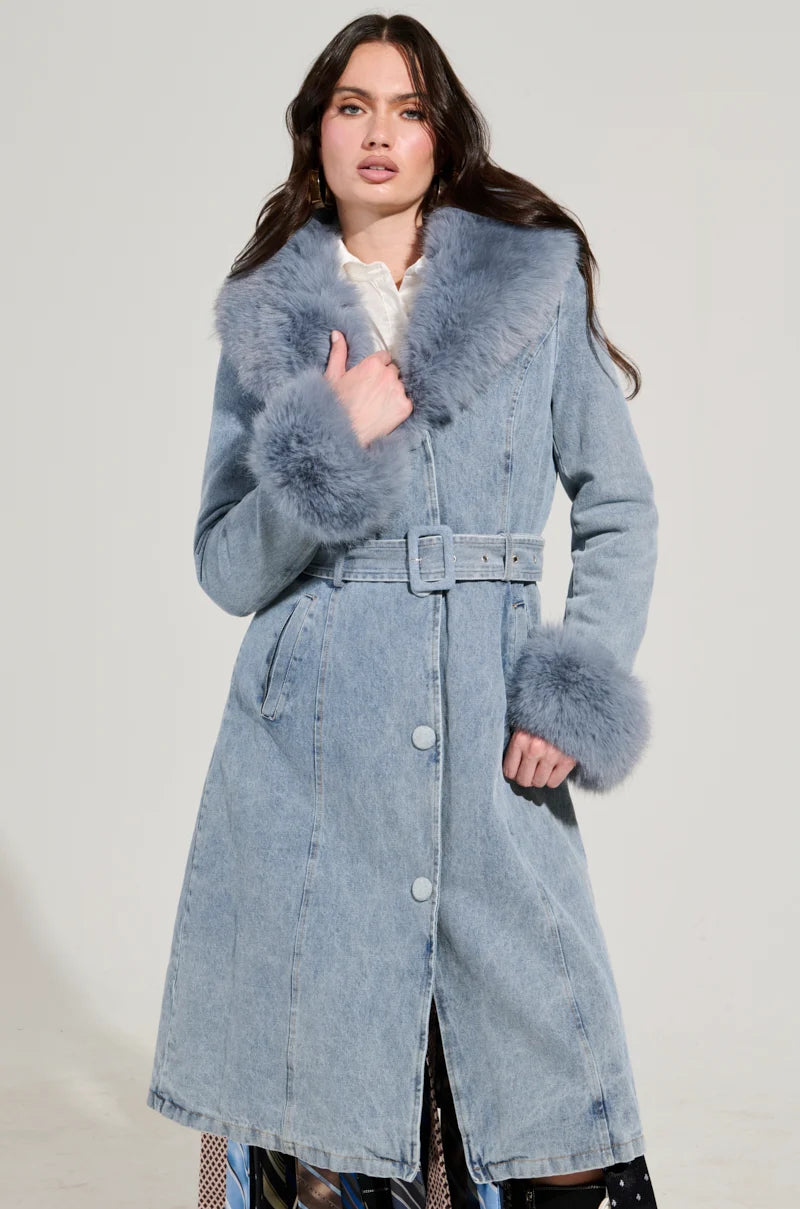 Kaya Denim Faux Fur Trench Coat