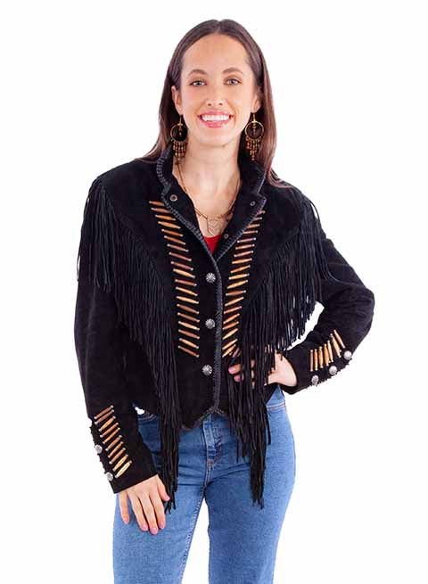 Suede Fringe Lacing Jacket with Bone Bead Details by Scully Leather - Black