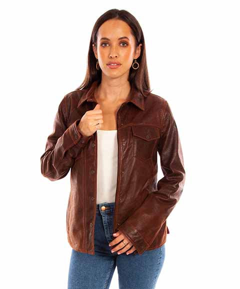 Brown Snap Front Leather Jacket at Bourbon Cowgirl