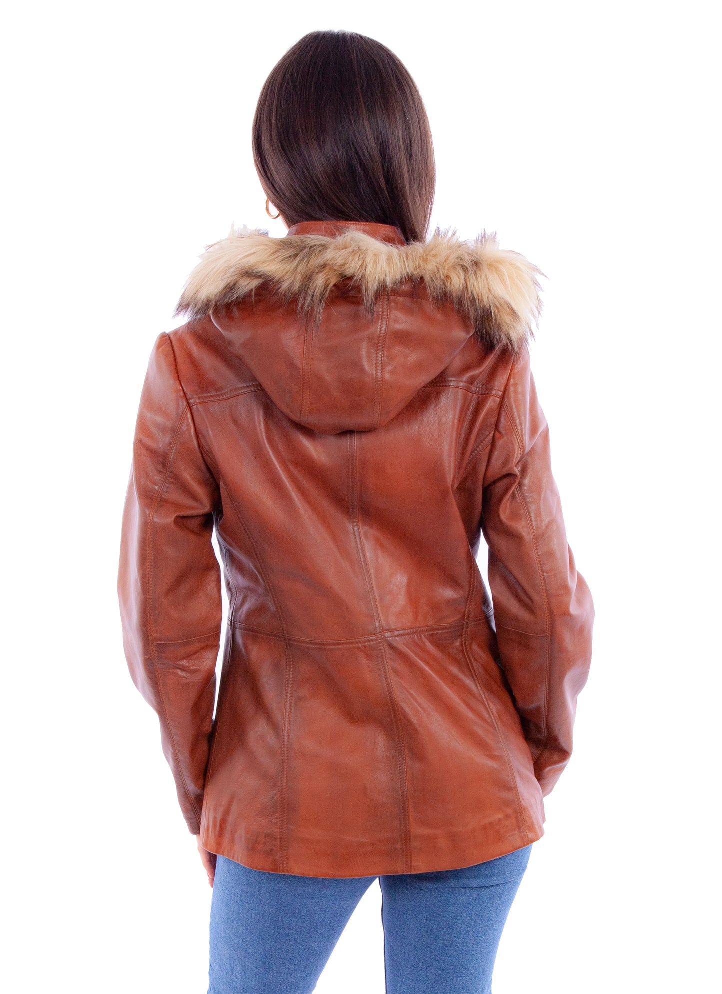 Brown Leather Jacket with Faux Fur Hood at Bourbon Cowgirl