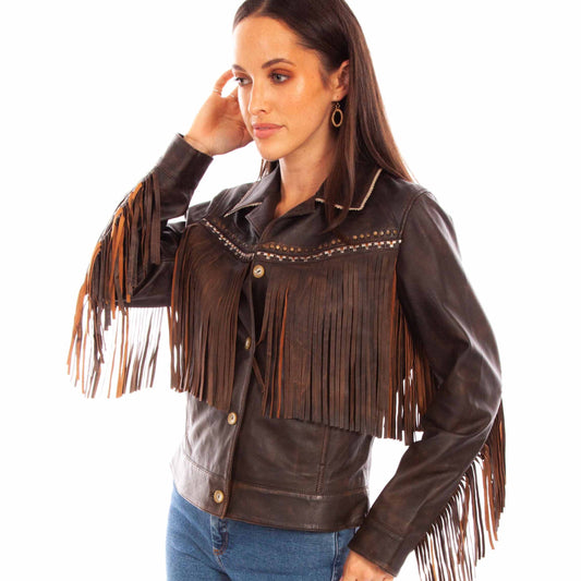 Brown Embroidered Fringe Leather Jacket at Bourbon Cowgirl