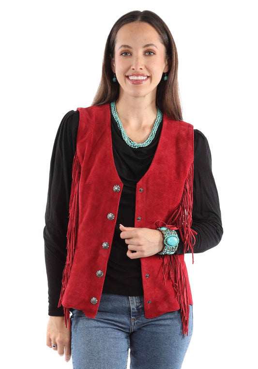 Woman in red suede fringe vest