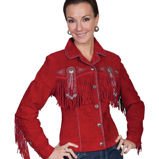 Red Fringe & Beaded Suede Jacket by Scully at Bourbon Cowgirl