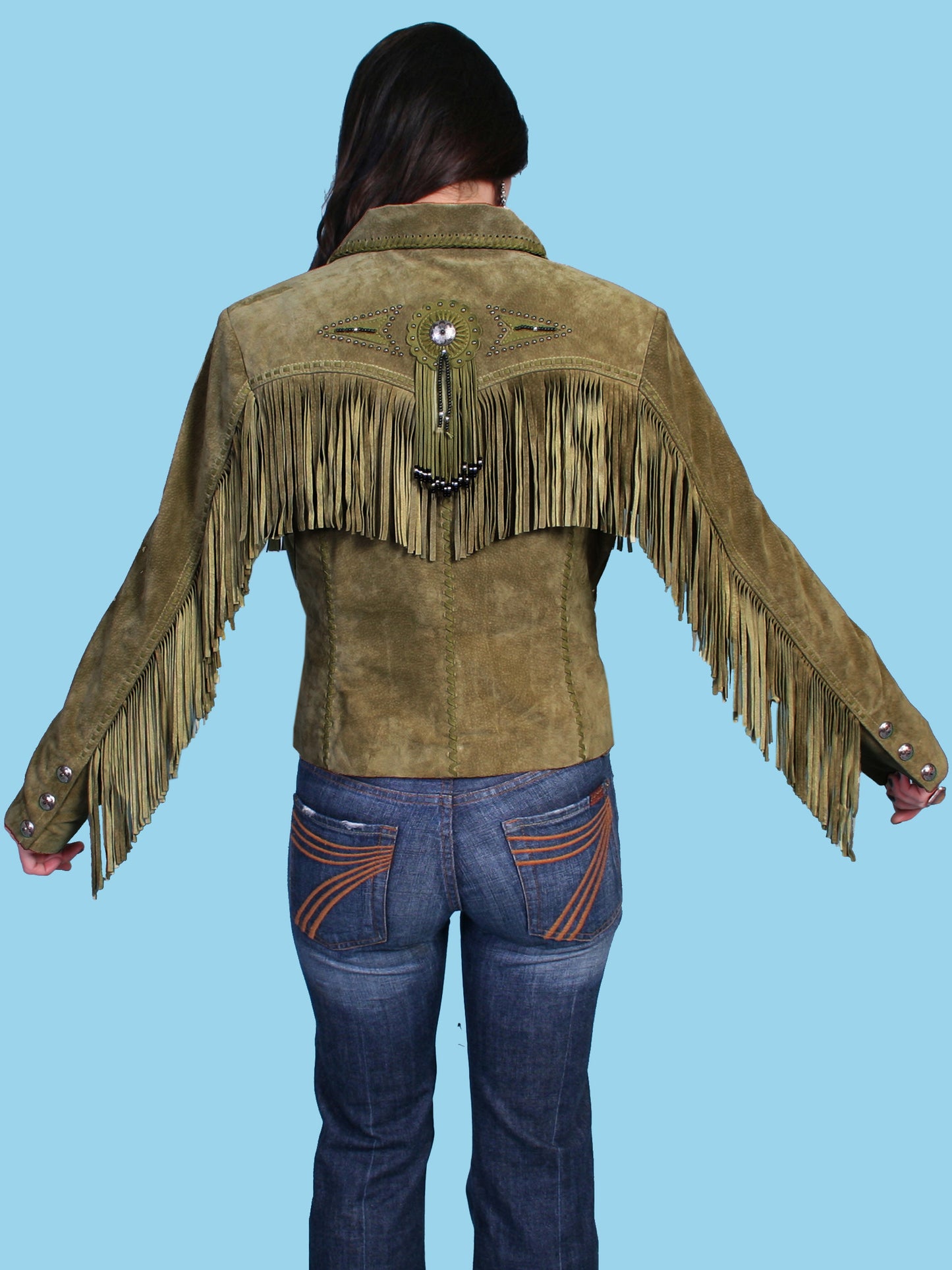 Olive Fringe & Beaded Suede Jacket by Scully at Bourbon Cowgirl