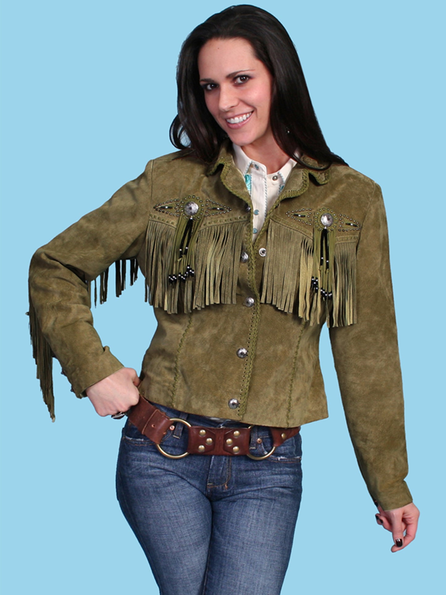 Olive Fringe & Beaded Suede Jacket by Scully at Bourbon Cowgirl