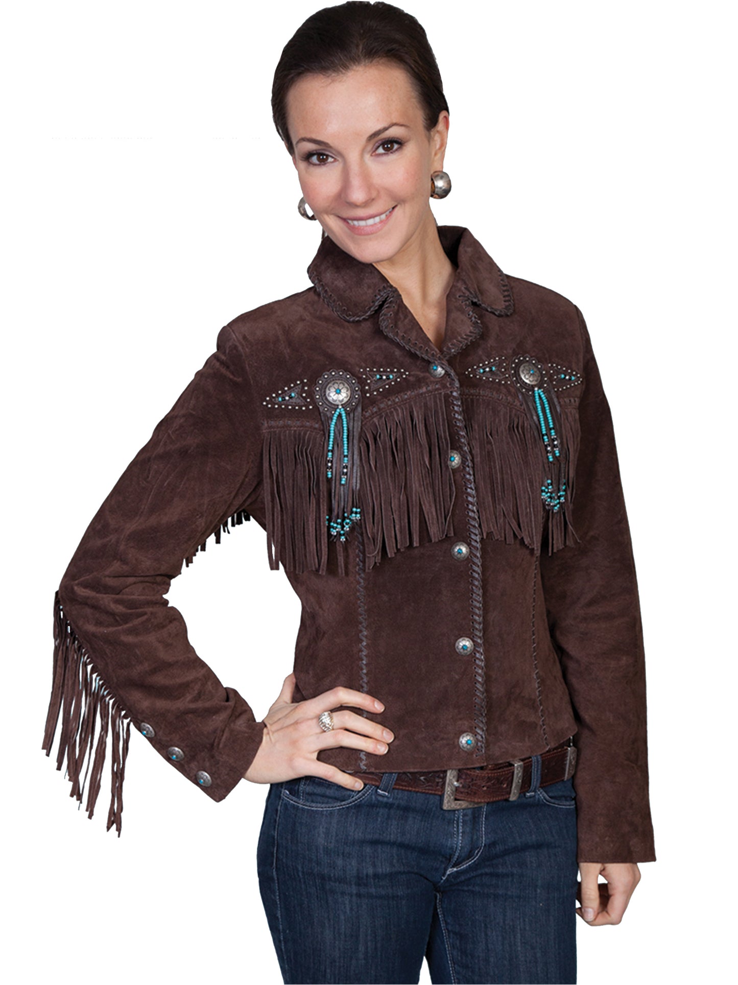 Chocolate Fringe & Beaded Suede Jacket by Scully at Bourbon Cowgirl