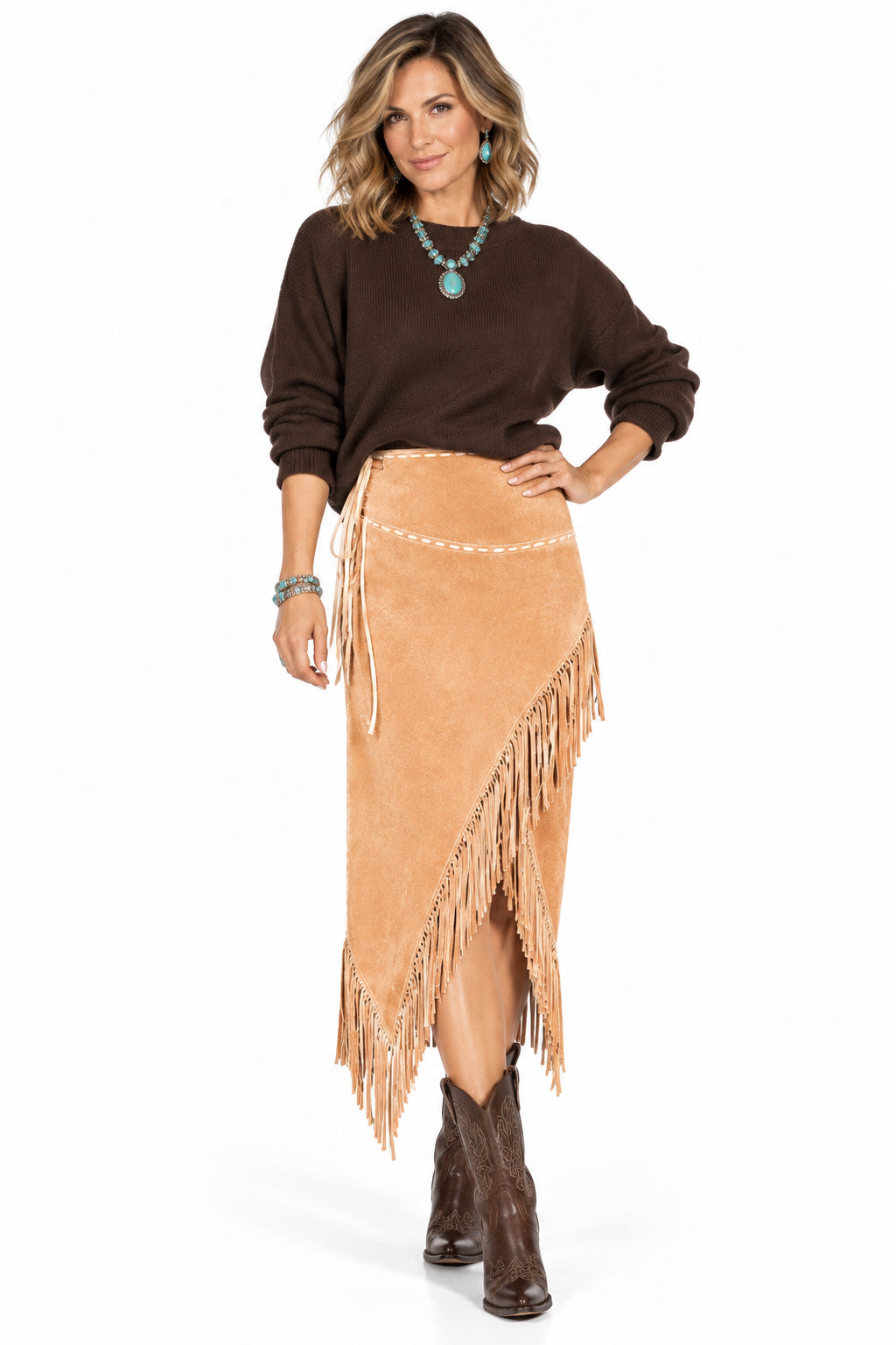 Long Suede Fringe Skirt by Scully in Old Rust